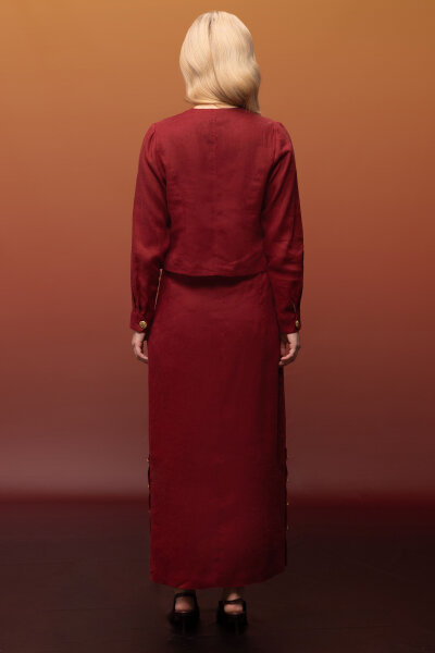 Yanları Düğmeli Düz Renk Keten Etek Cherry - 4