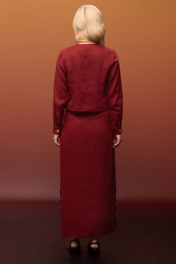 Yanları Düğmeli Düz Renk Keten Etek Cherry - 4