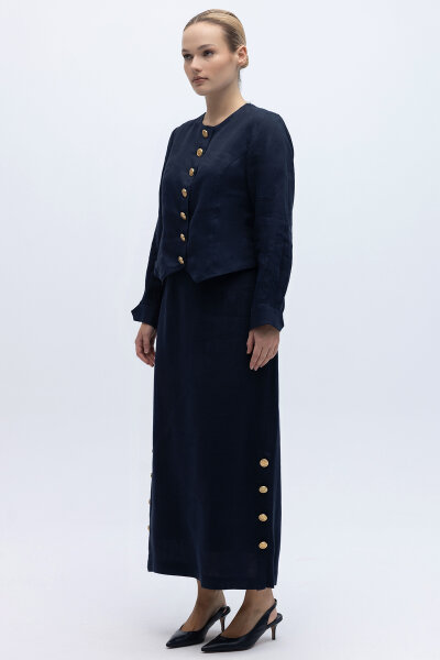 Yanları Düğmeli Düz Renk Keten Etek Lacivert - 2