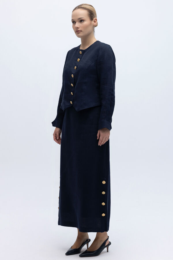 Yanları Düğmeli Düz Renk Keten Etek Lacivert - 2