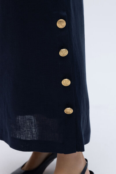 Yanları Düğmeli Düz Renk Keten Etek Lacivert - 3