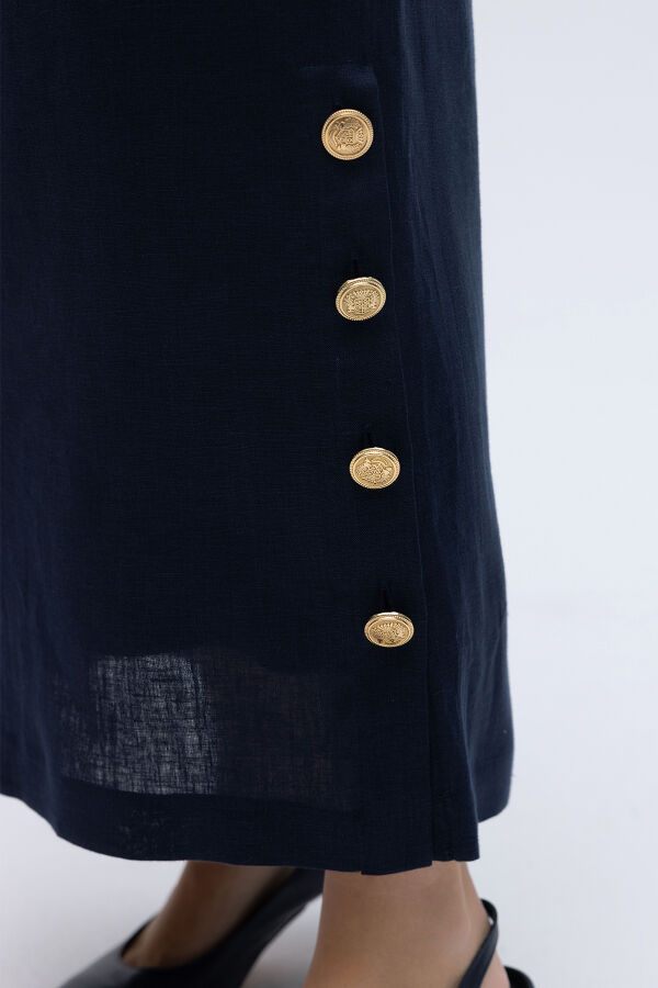 Yanları Düğmeli Düz Renk Keten Etek Lacivert - 3
