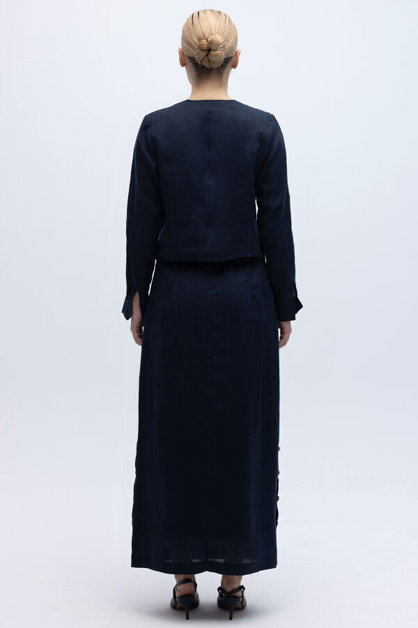 Yanları Düğmeli Düz Renk Keten Etek Lacivert - 4