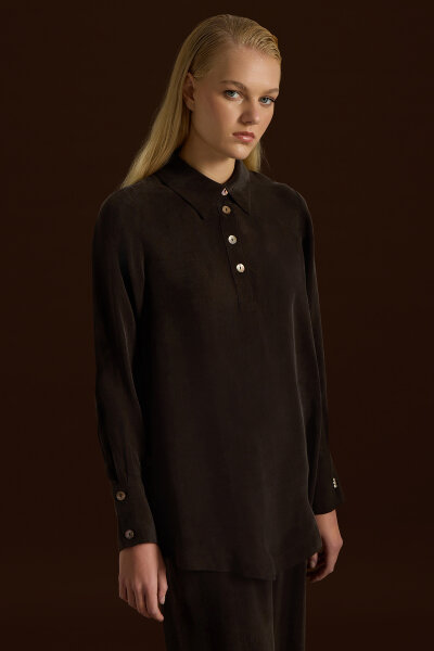 Yanları Düğmeli Gömlek Yaka Cupro Tunik Kahverengi 