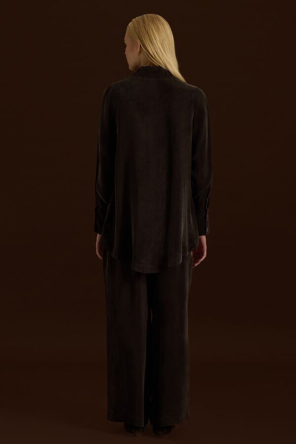 Yanları Düğmeli Gömlek Yaka Cupro Tunik Kahverengi - 2