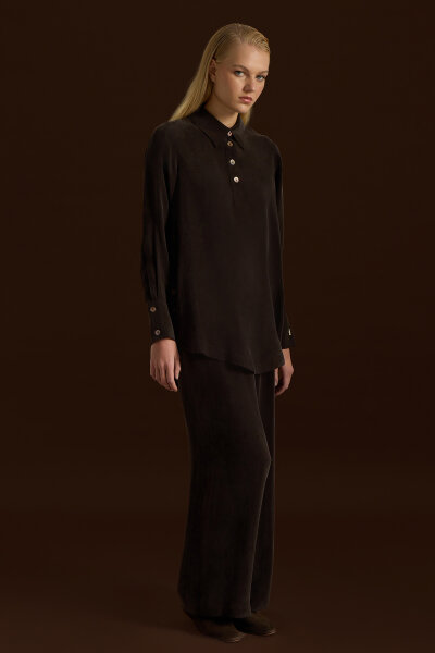 Yanları Düğmeli Gömlek Yaka Cupro Tunik Kahverengi - 3