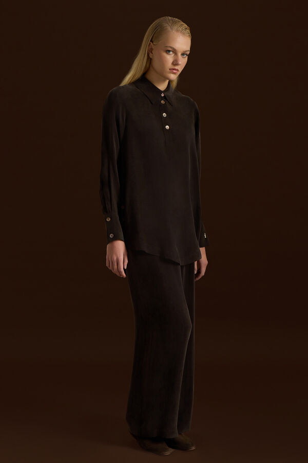 Yanları Düğmeli Gömlek Yaka Cupro Tunik Kahverengi - 3