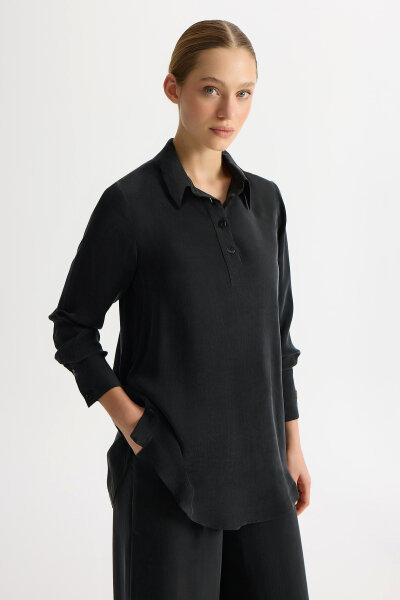 Shirt Collar Cupro Tunic with Buttons on the Sides - MISS DALIDA