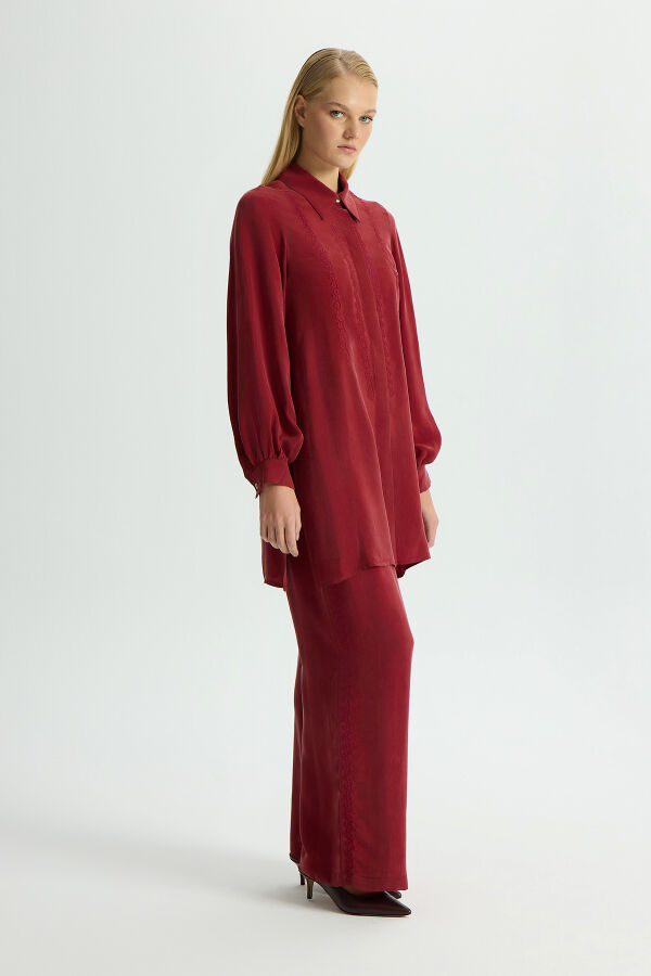 Yanları Nakışlı Bol Paça Cupro Pantolon Cherry - 1