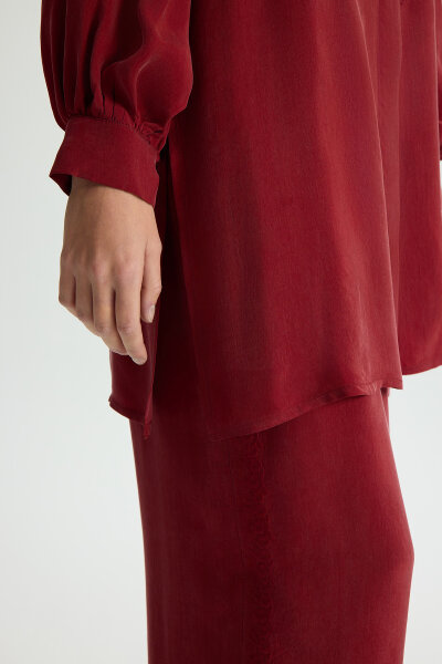 Yanları Nakışlı Bol Paça Cupro Pantolon Cherry - MISS DALIDA (1)