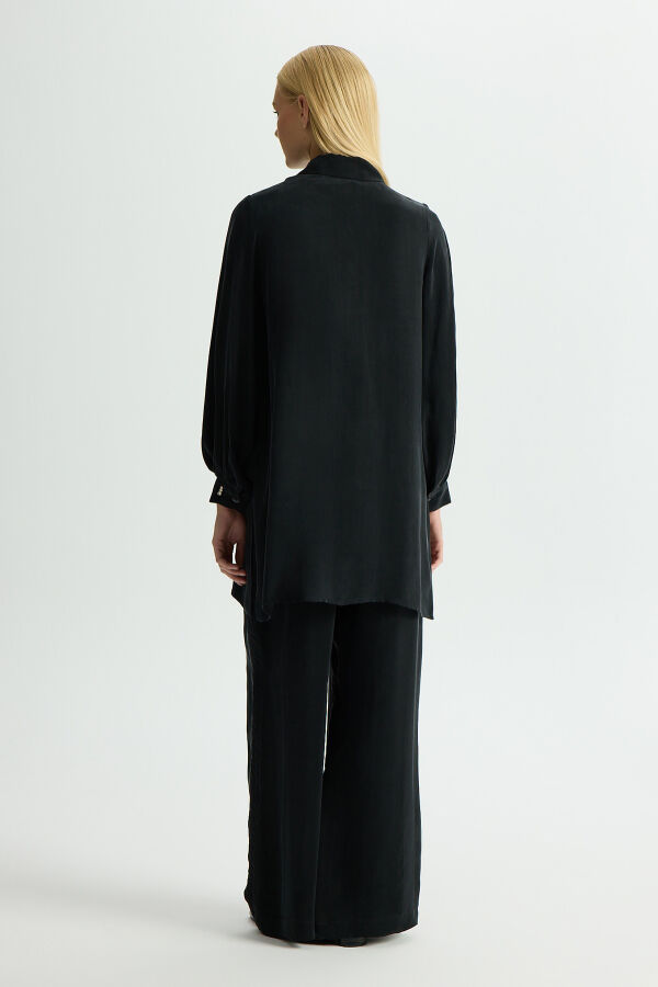 Yanları Nakışlı Bol Paça Cupro Pantolon Siyah - 2