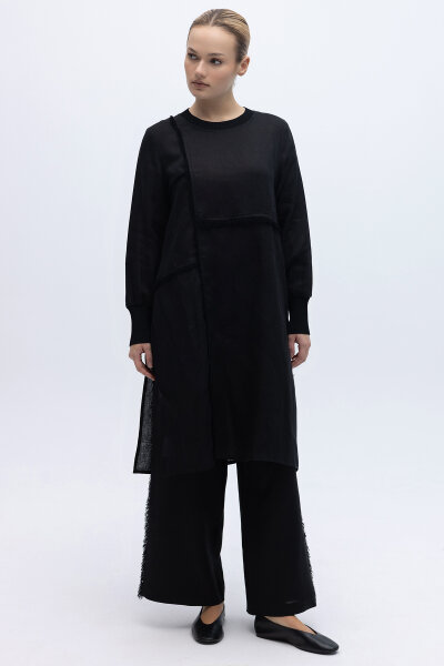 Yanları Püsküllü Bol Paça Keten Pantolon Siyah 