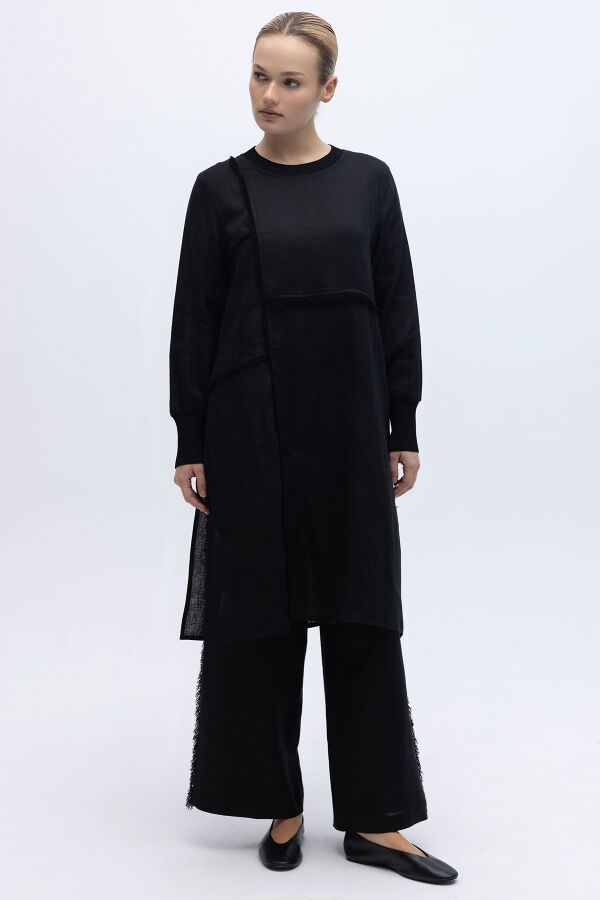 Yanları Püsküllü Bol Paça Keten Pantolon Siyah - 1