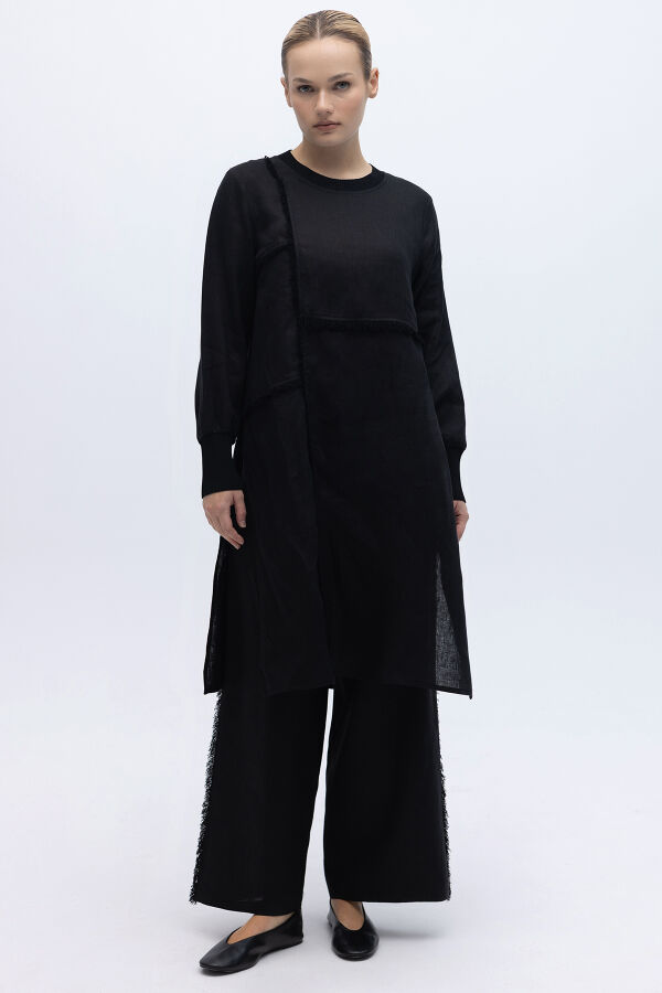 Yanları Püsküllü Bol Paça Keten Pantolon Siyah - 2