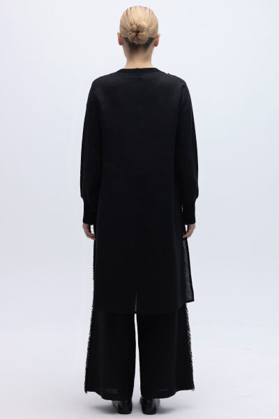 Yanları Püsküllü Bol Paça Keten Pantolon Siyah - 3