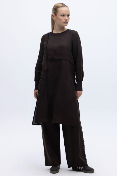 Yanları Püsküllü Bol Paça Keten Pantolon Kahverengi - 1