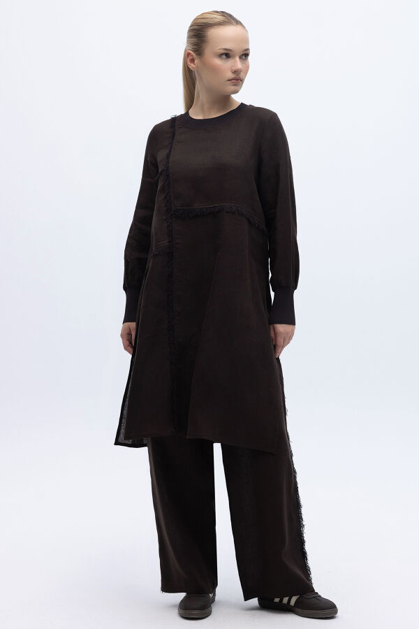 Yanları Püsküllü Bol Paça Keten Pantolon Kahverengi - 1