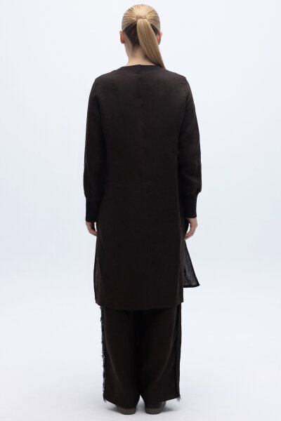 Yanları Püsküllü Bol Paça Keten Pantolon Kahverengi - 2