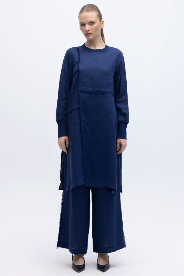 Yanları Püsküllü Bol Paça Keten Pantolon Navy - 1