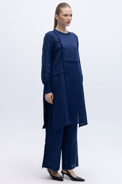 Yanları Püsküllü Bol Paça Keten Pantolon Navy - 2