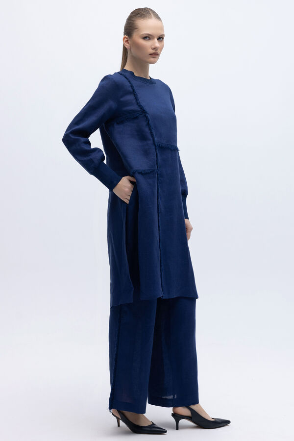 Yanları Püsküllü Bol Paça Keten Pantolon Navy - 3