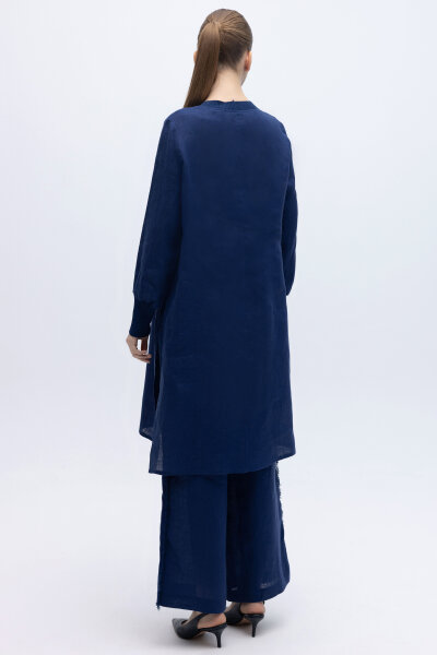 Yanları Püsküllü Bol Paça Keten Pantolon Navy - 4