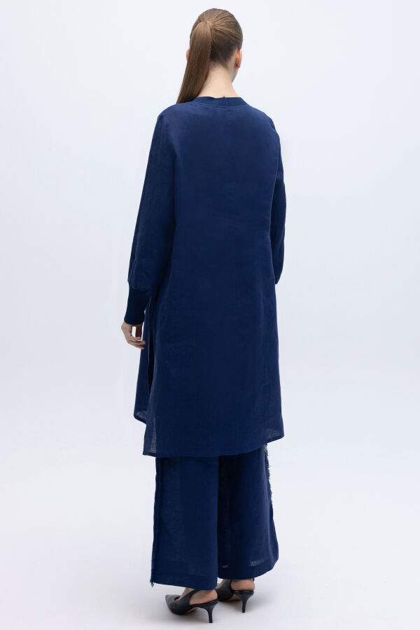 Yanları Püsküllü Bol Paça Keten Pantolon Navy - 4