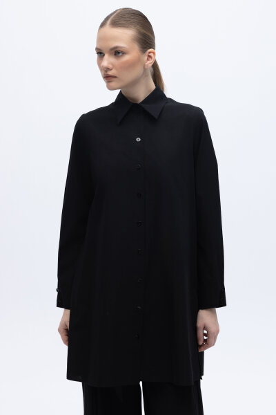 Yanları Yırtmaçlı Düz Renk Poplin Gömlek Siyah - 1