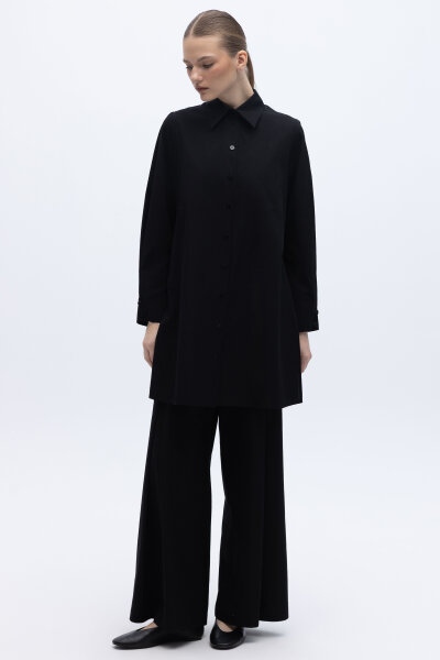 Yanları Yırtmaçlı Düz Renk Poplin Gömlek Siyah - 5