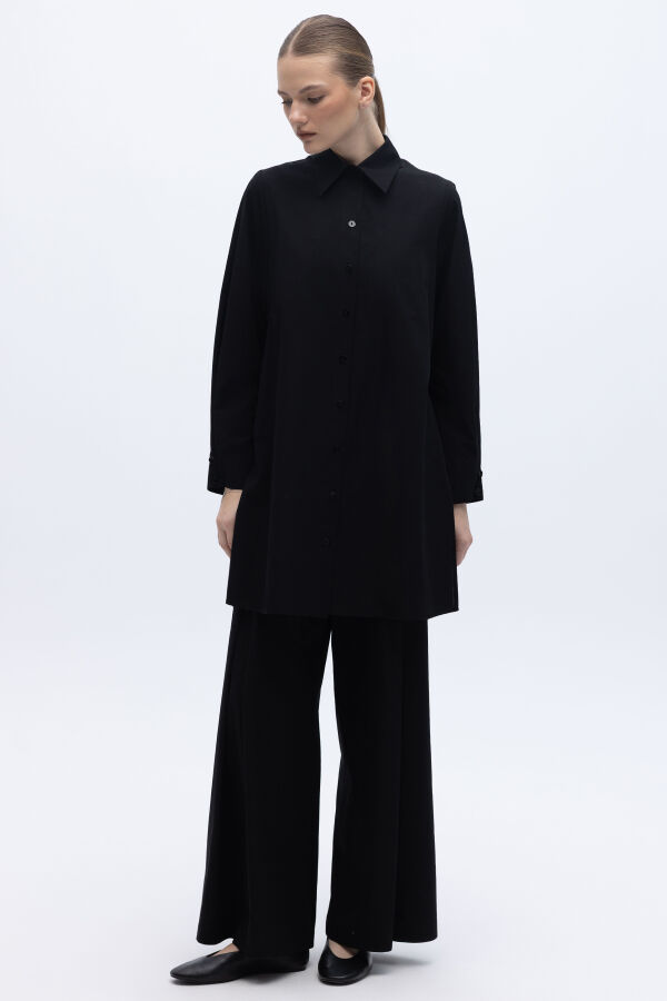 Yanları Yırtmaçlı Düz Renk Poplin Gömlek Siyah - 5