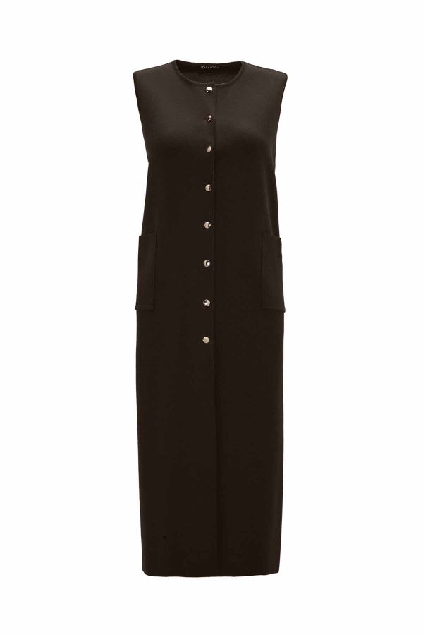 Yuvarlak Yaka Çıtçıtlı Triko Kahverengi Yelek - 1