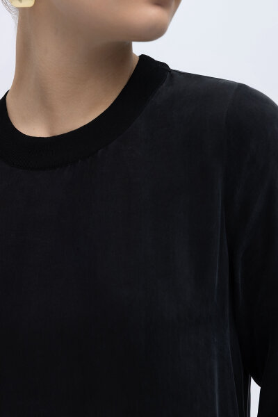 Yuvarlak Yaka Cupro Uzun Elbise Siyah - 3