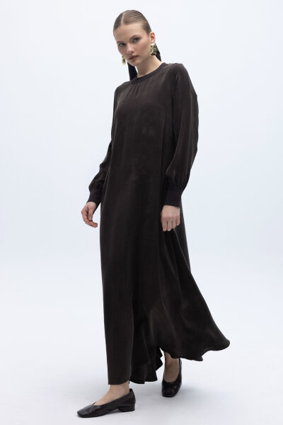 Yuvarlak Yaka Cupro Uzun Elbise Kahverengi - 2