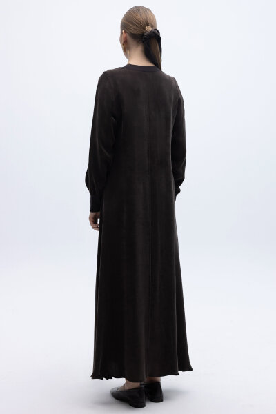 Yuvarlak Yaka Cupro Uzun Elbise Kahverengi - 6