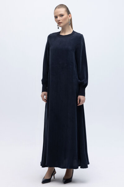 Yuvarlak Yaka Cupro Uzun Elbise Lacivert - MISS DALIDA