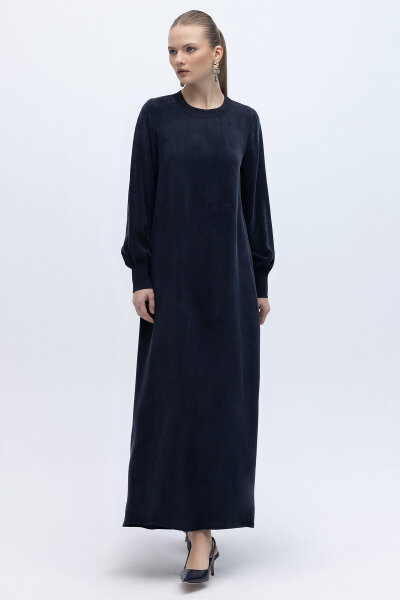 Yuvarlak Yaka Cupro Uzun Elbise Lacivert - MISS DALIDA (1)