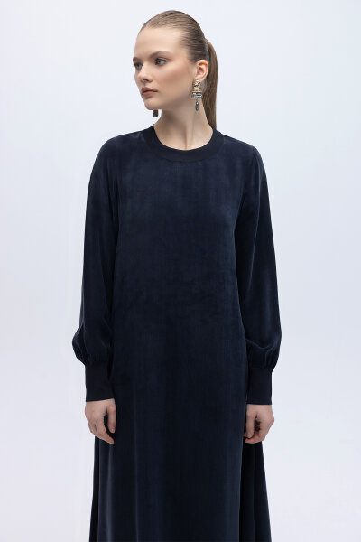 Yuvarlak Yaka Cupro Uzun Elbise Lacivert - 3
