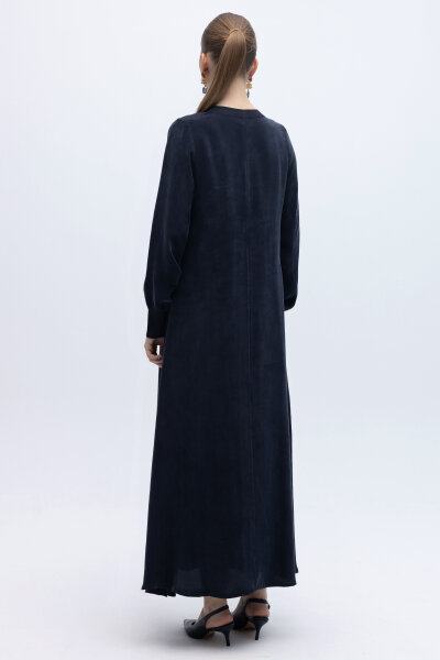 Yuvarlak Yaka Cupro Uzun Elbise Lacivert - 5