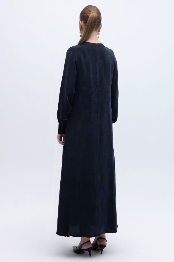 Yuvarlak Yaka Cupro Uzun Elbise Lacivert - 5