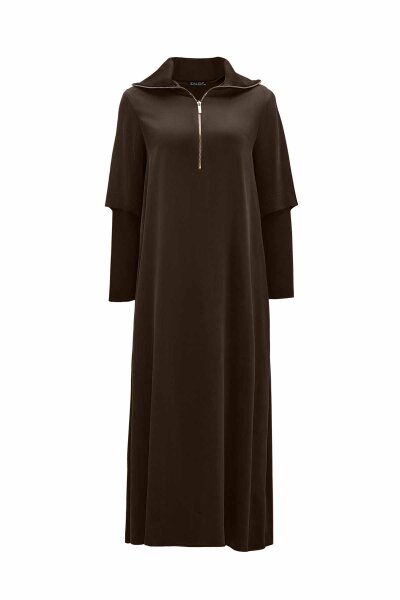 Zipper Collar Cupro Brown Dress - MISS DALIDA