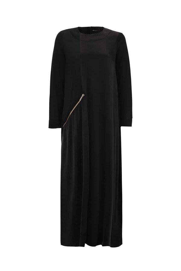 Zipper Detailed Black Cupro Dress - 1
