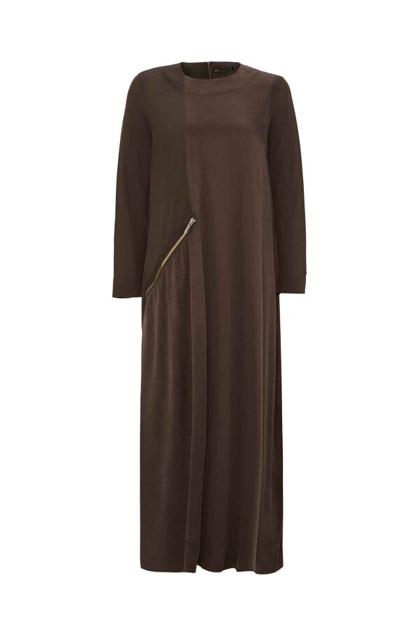 Zipper Detailed Brown Cupro Dress - 1