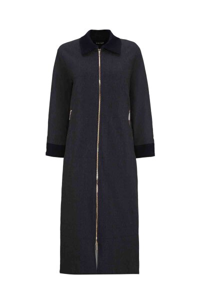 Zippered Long Denim Black Coat - 1