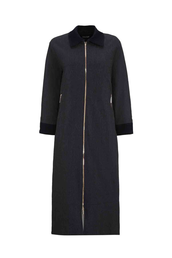 Zippered Long Denim Black Coat - 1