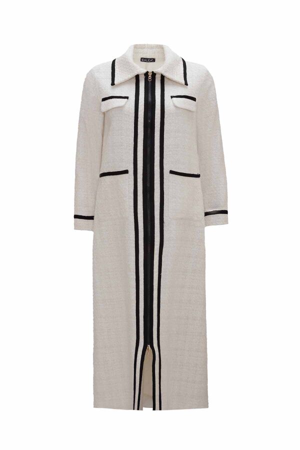 Zippered Long Ecru Tweed Jacket - 2