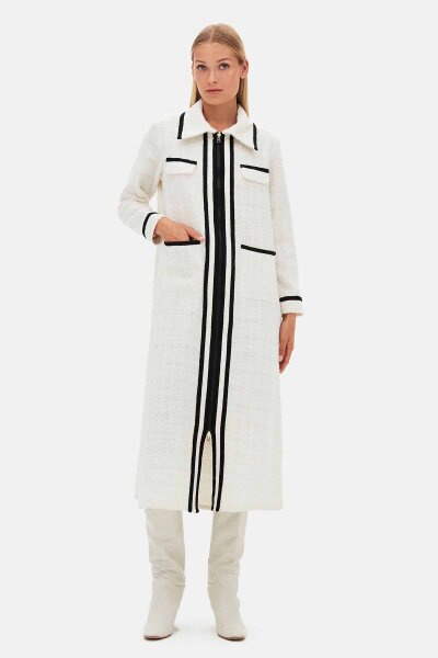 Zippered Long Ecru Tweed Jacket - 1