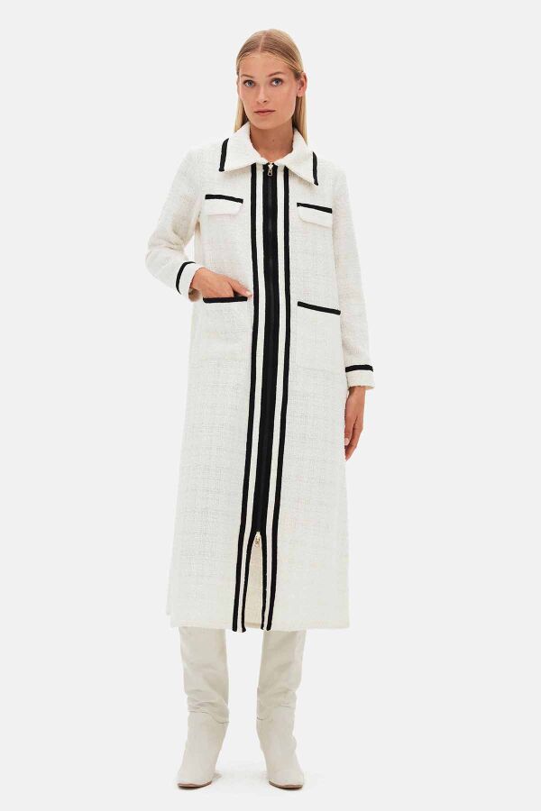 Zippered Long Ecru Tweed Jacket - 1