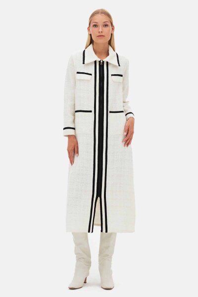 Zippered Long Ecru Tweed Jacket - 3