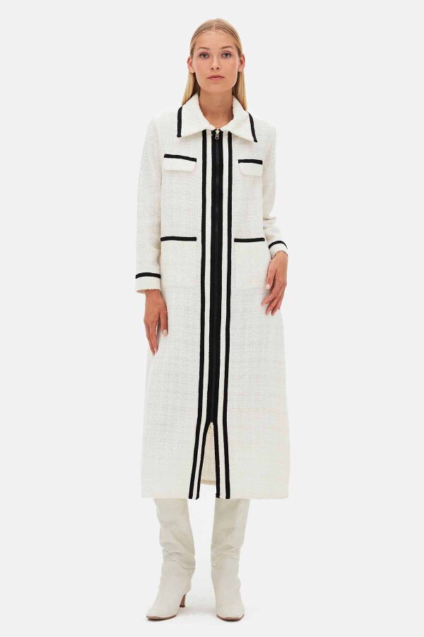 Zippered Long Ecru Tweed Jacket - 3